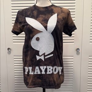 PLAYBOY Vintage Wash Distressed Bleach Tie-Dye Short Sleeve Tee Size Small